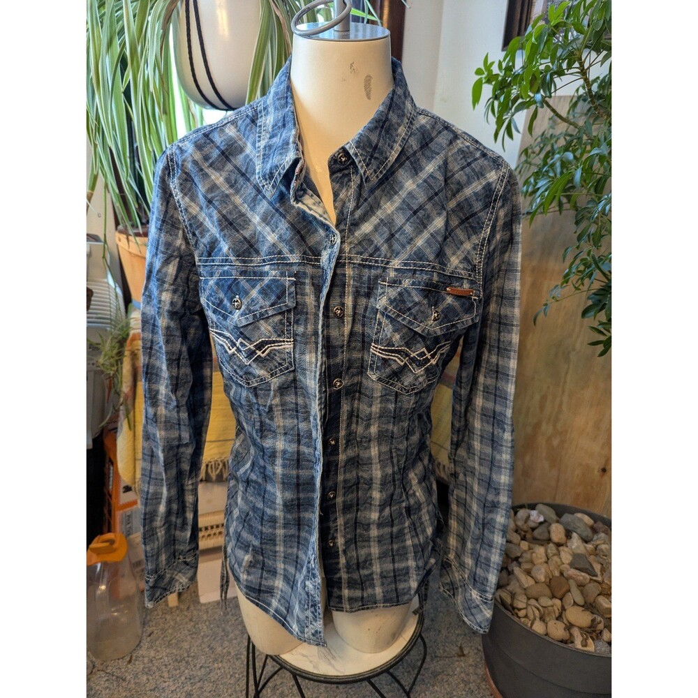 Women's Affliction Hand crafted emb Blue plaid 100% cotton side ruching sz lg